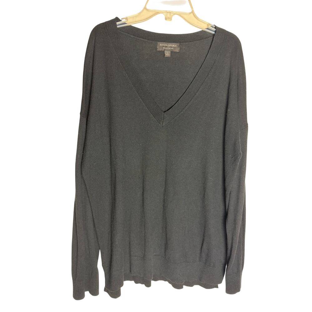 Banana Republic Black V-Neck Cotton Cashmere Sweater Large Oversized